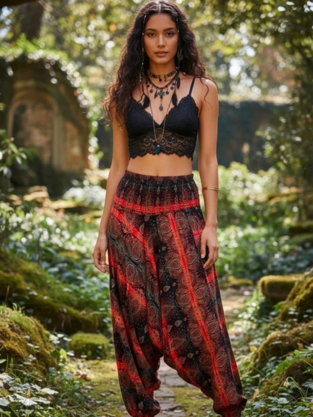 Boho Red & Black Printed Harem Pants